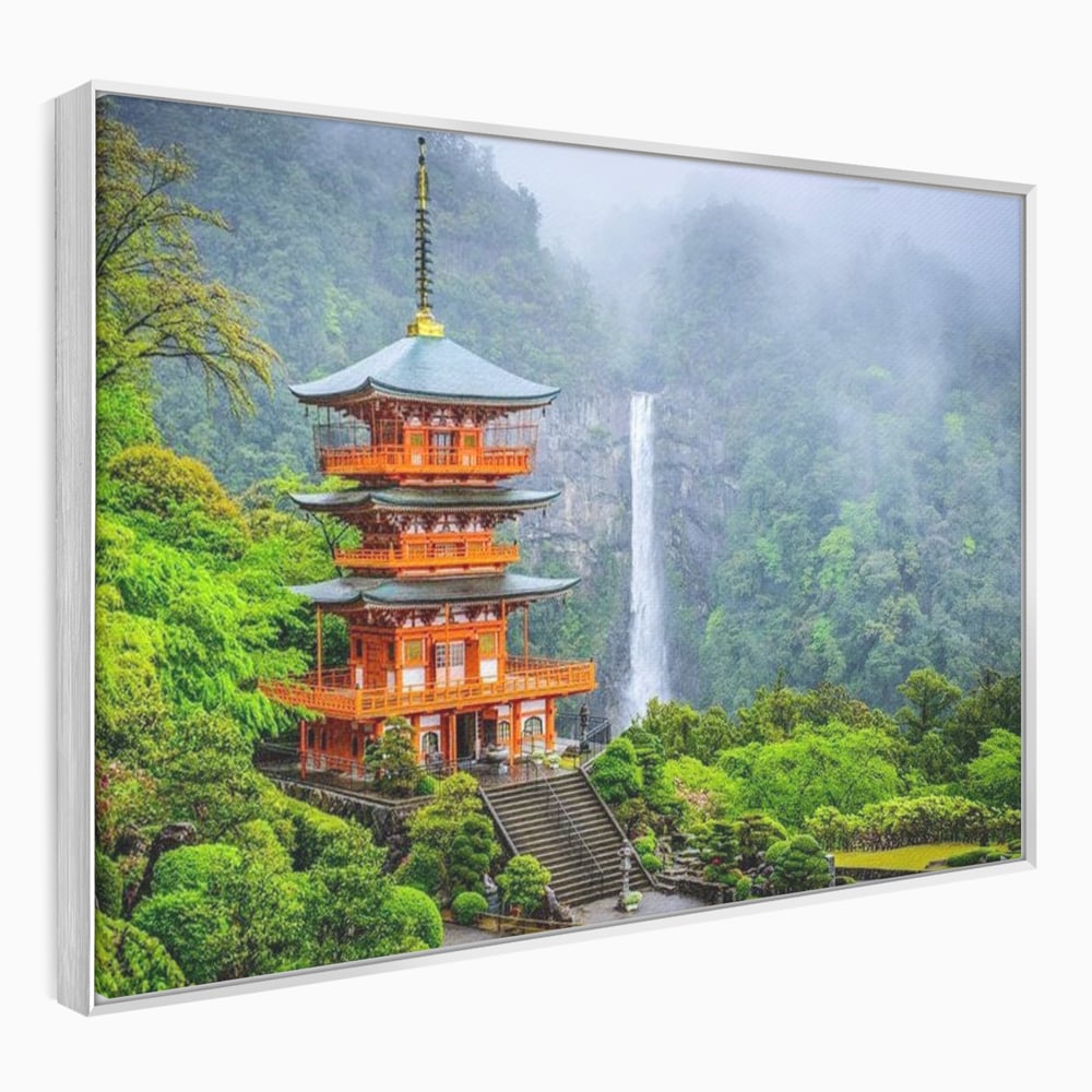 Tablou canvas cu tablou canvas cu pagoda si cascada, in rama de aluminiu argintiu